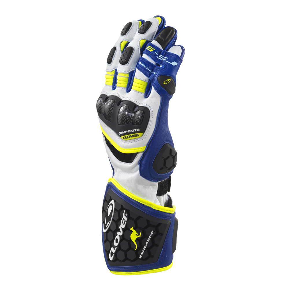Γάντια δερμάτινα μηχανής - Γάντια μηχανής - Γάντια δερμάτινα Racing CLOVER RS-9 1173 BL/G Λευκό κίτρινο μπλε Γάντια